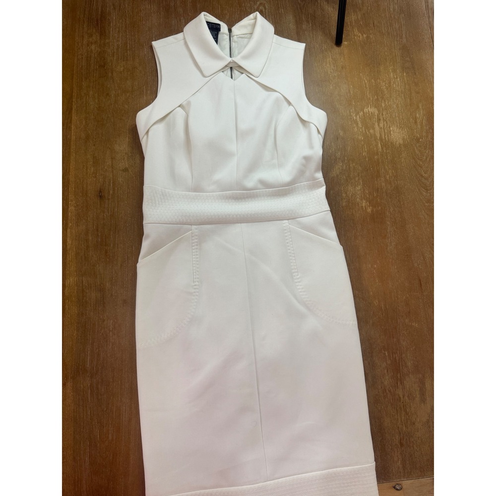 Etcetera Off White Sleeveless Sheath Dress Size 4 Collared Pockets Textured Trim